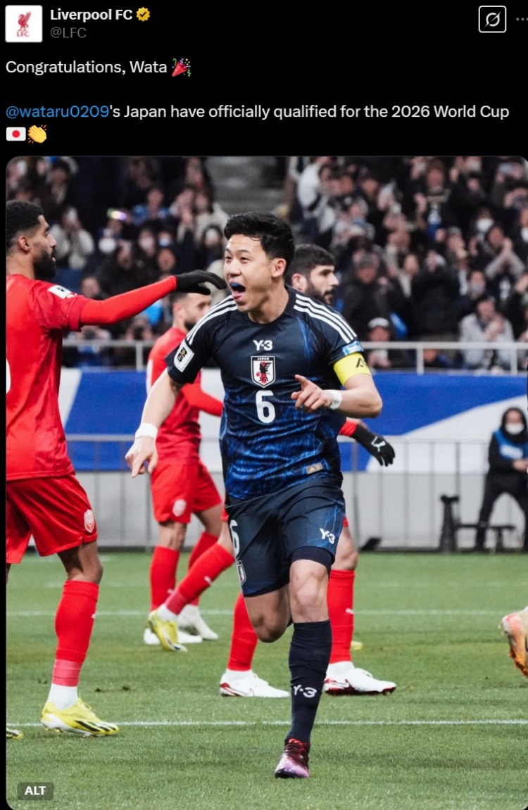 利物浦官推曬遠(yuǎn)藤航照片，祝賀其隨日本隊(duì)提前晉級(jí)世界杯