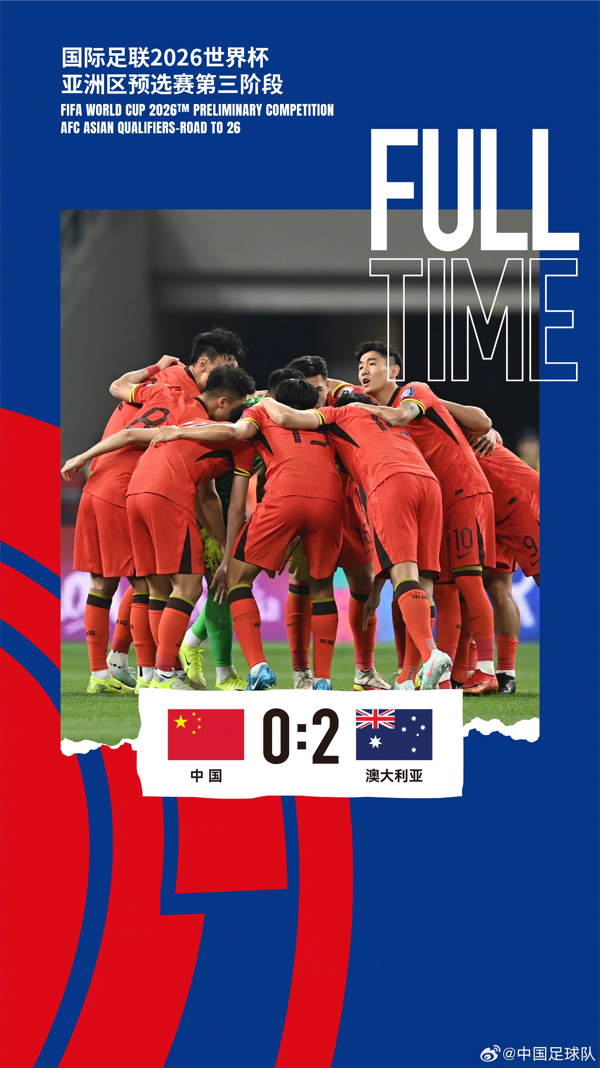 美加墨世界杯亞洲區(qū)預(yù)選賽第三階段第八輪，中國(guó)隊(duì)0-2澳大利亞隊(duì)