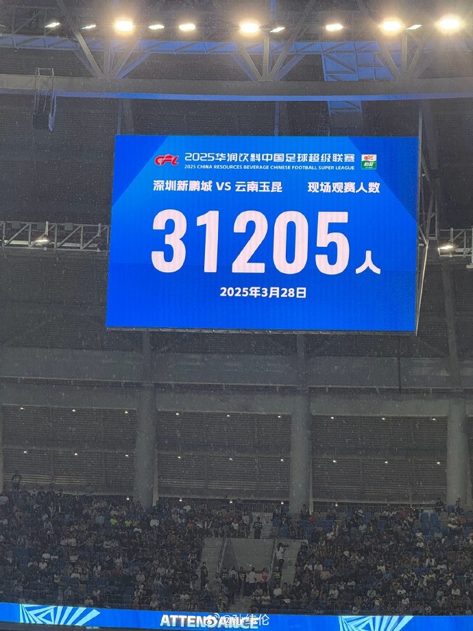新鵬城新賽季首個(gè)主場現(xiàn)場觀眾31205人，為隊(duì)史最高上座人數(shù)